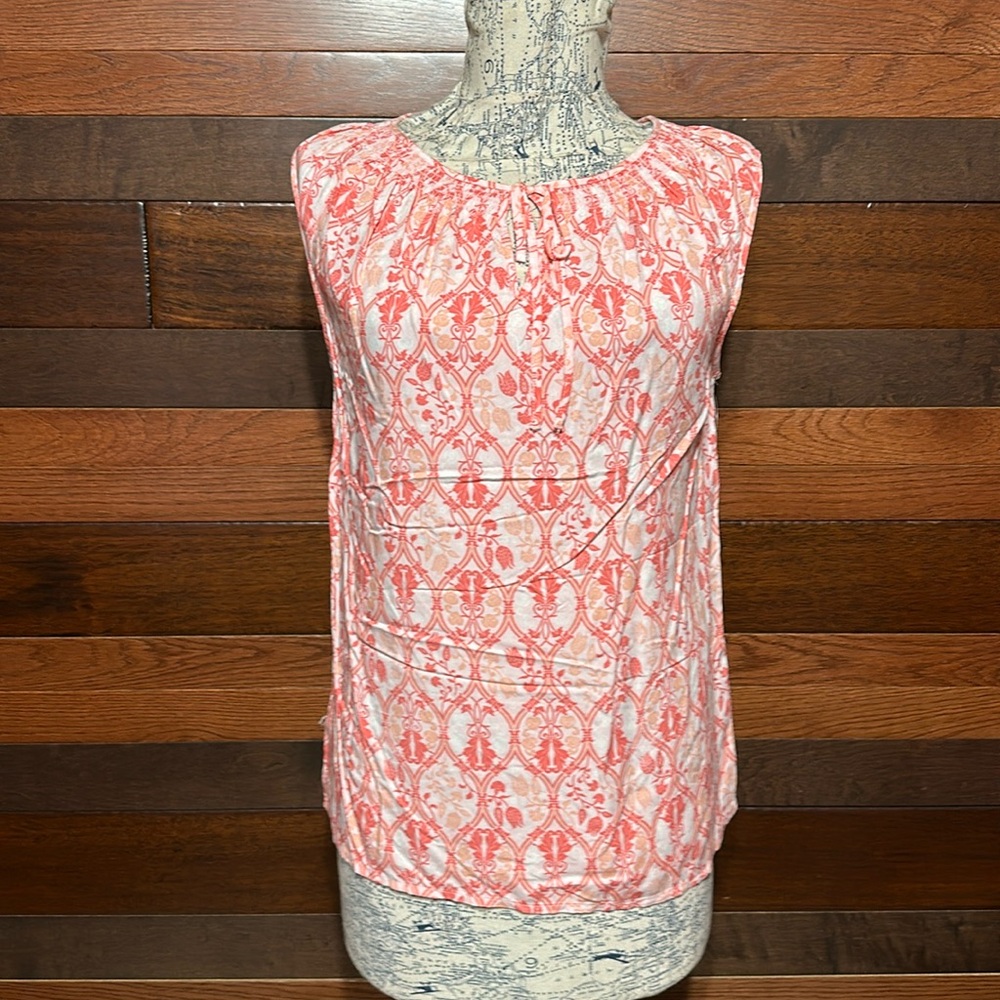 NWOT Basic Editions Tie Scoop Neck Cap Sleeve Pink Toned Floral Blouse